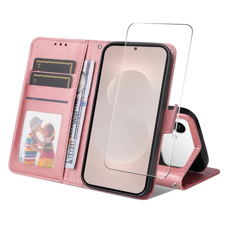 

For Samsung Galaxy S26 Edge 5G ENKAY Card Wallet Calf Texture Leather Phone Case with 0.18mm High Aluminum-silicon Glass Film(Pink)