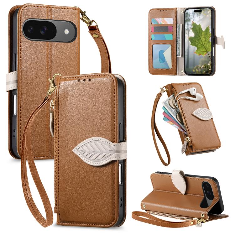 

For Google Pixel 10 Pro XL Leaf Buckle Zipper Wallet Leather Phone Case with Strap(Brown)
