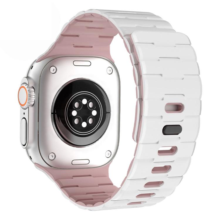 

For Apple Watch 46mm / 49mm / 45mm / 44mm Horse-Embossed Single-Pin Magnetic Silicone Watch Band(White Oxford Pink)