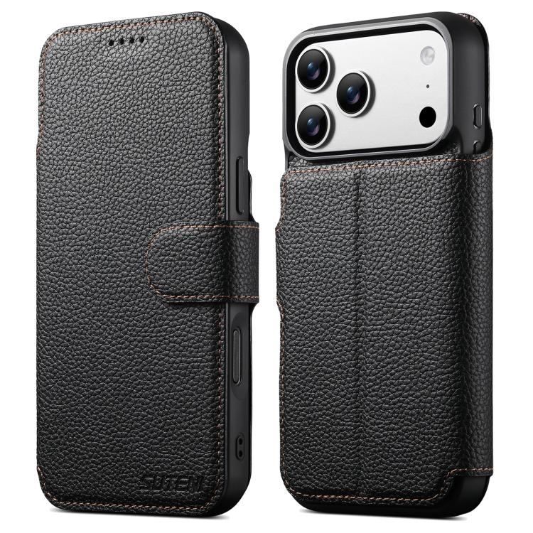 

For iPhone 17 Pro Max Suteni Q05 -in-1 Multi-function MagSafe Wallet Big Litchi Leather Phone Case(Black)