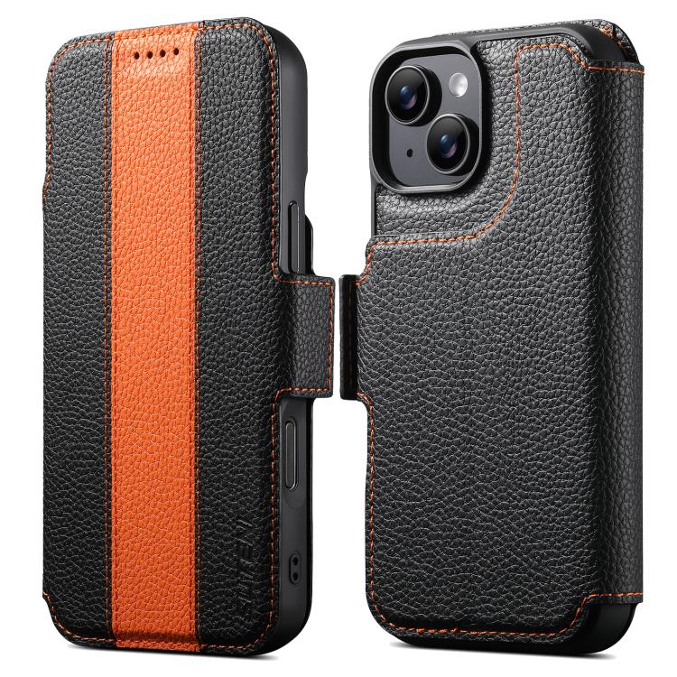 For iPhone 15 Suteni Q08 2-in-1 Multi-function Magnetic Wallet Big Litchi Vegan Leather Phone Case(Orange)