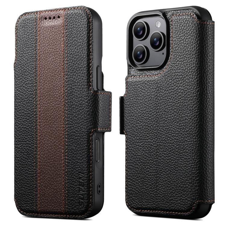 

For iPhone 14 Pro Suteni Q08 2-in-1 Multi-function Magnetic Wallet Big Litchi Vegan Leather Phone Case(Brown)