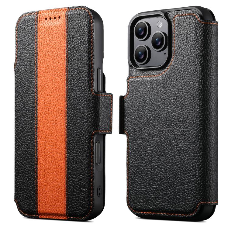 For iPhone 13 Pro Max Suteni Q08 2-in-1 Multi-function Magnetic Wallet Big Litchi Vegan Leather Phone Case(Orange)