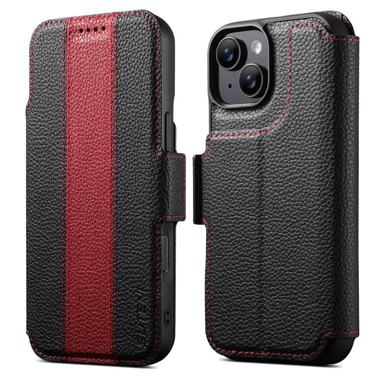 For iPhone 13 Suteni Q08 2-in-1 Multi-function Magnetic Wallet Big Litchi Vegan Leather Phone Case(Red)