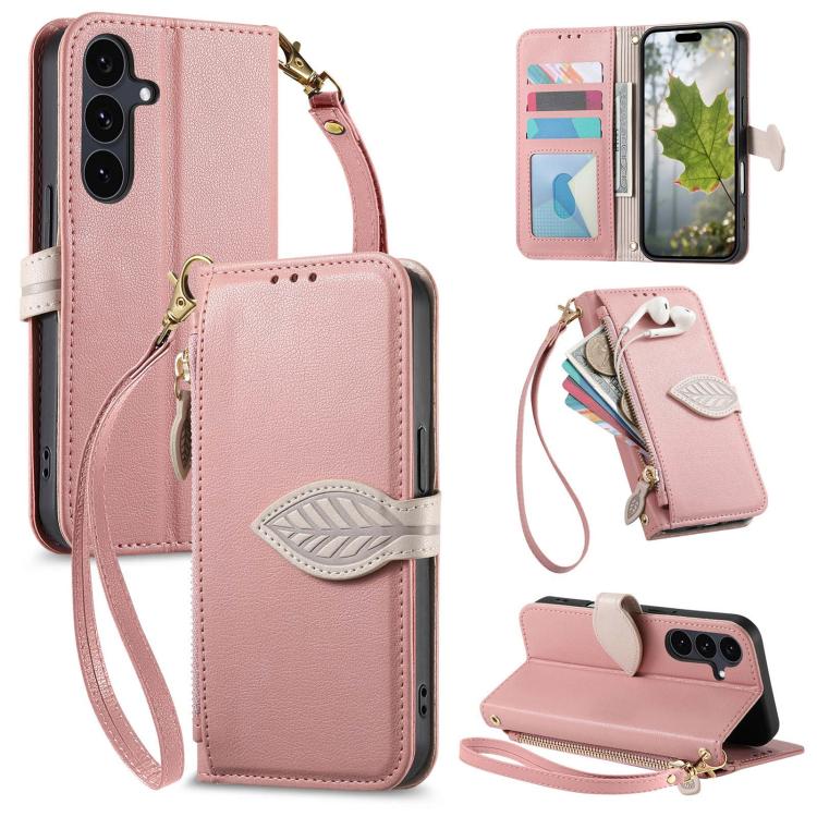 

For Samsung Galaxy S24 5G Leaf Buckle Zipper Wallet Leather Phone Case with Strap(Pink)