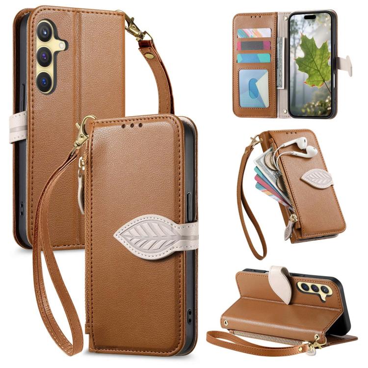 

For Samsung Galaxy S24+ 5G Leaf Buckle Zipper Wallet Leather Phone Case with Strap(Brown)