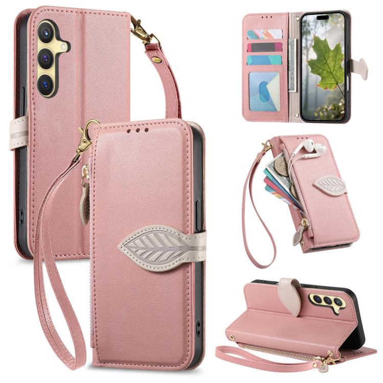 

For Samsung Galaxy S24+ 5G Leaf Buckle Zipper Wallet Leather Phone Case with Strap(Pink)
