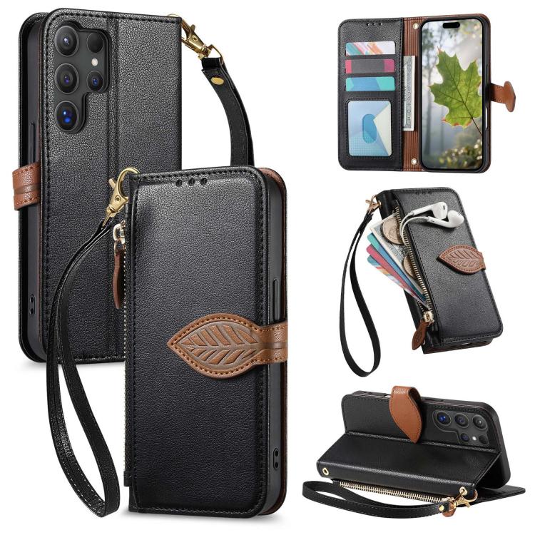 

For Samsung Galaxy S24 Ultra 5G Leaf Buckle Zipper Wallet Leather Phone Case with Strap(Black)
