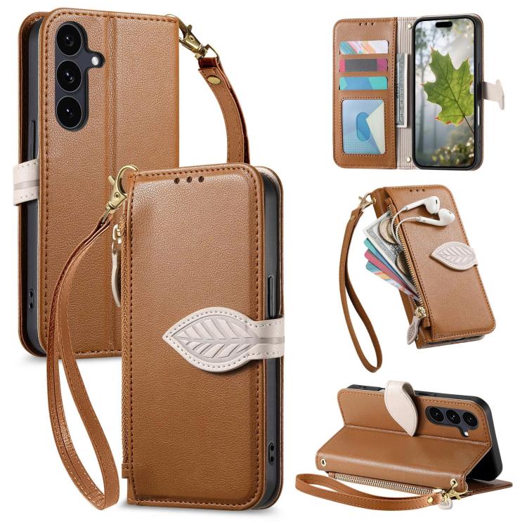 

For Samsung Galaxy S25 FE 5G Leaf Buckle Zipper Wallet Leather Phone Case with Strap(Brown)