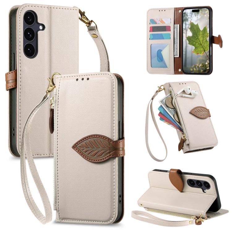 

For Samsung Galaxy S25 FE 5G Leaf Buckle Zipper Wallet Leather Phone Case with Strap(Beige)