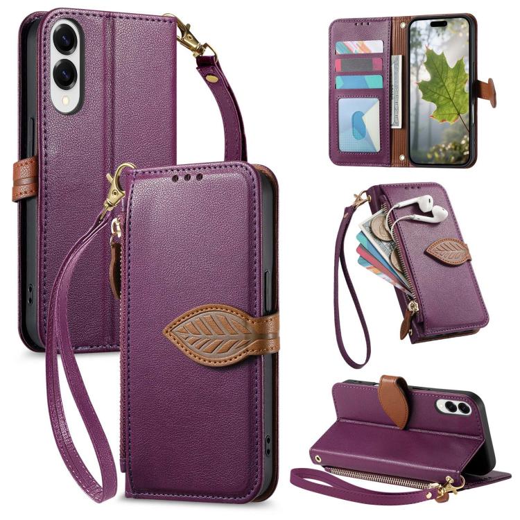 

For Samsung Galaxy S25 Edge 5G Leaf Buckle Zipper Wallet Leather Phone Case with Strap(Purple)
