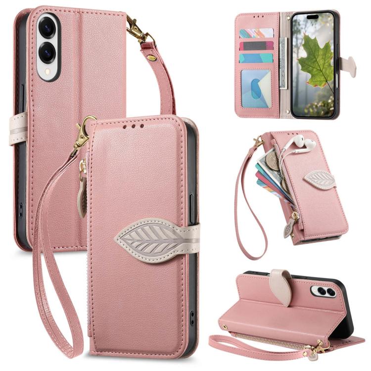 

For Samsung Galaxy S25 Edge 5G Leaf Buckle Zipper Wallet Leather Phone Case with Strap(Pink)