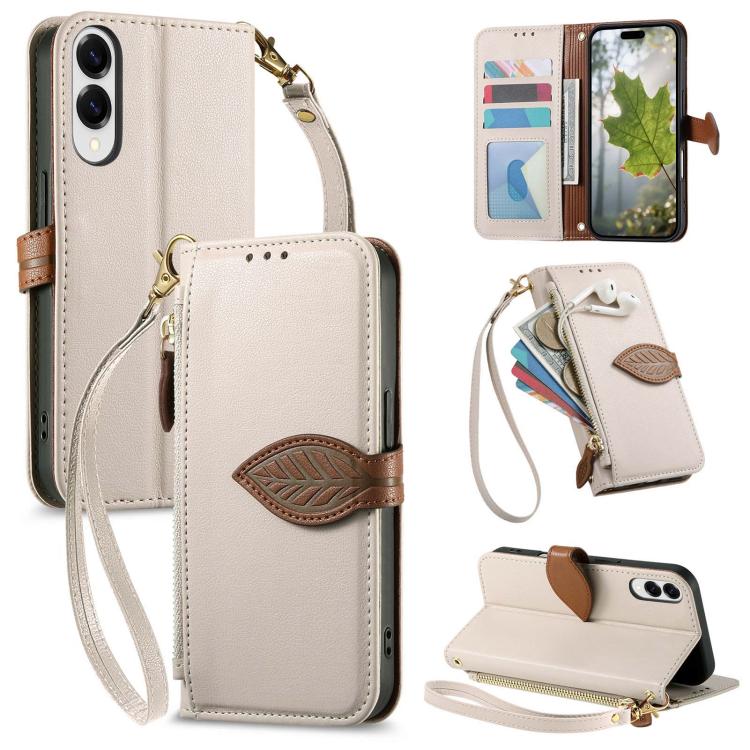 

For Samsung Galaxy S25 Edge 5G Leaf Buckle Zipper Wallet Leather Phone Case with Strap(Beige)