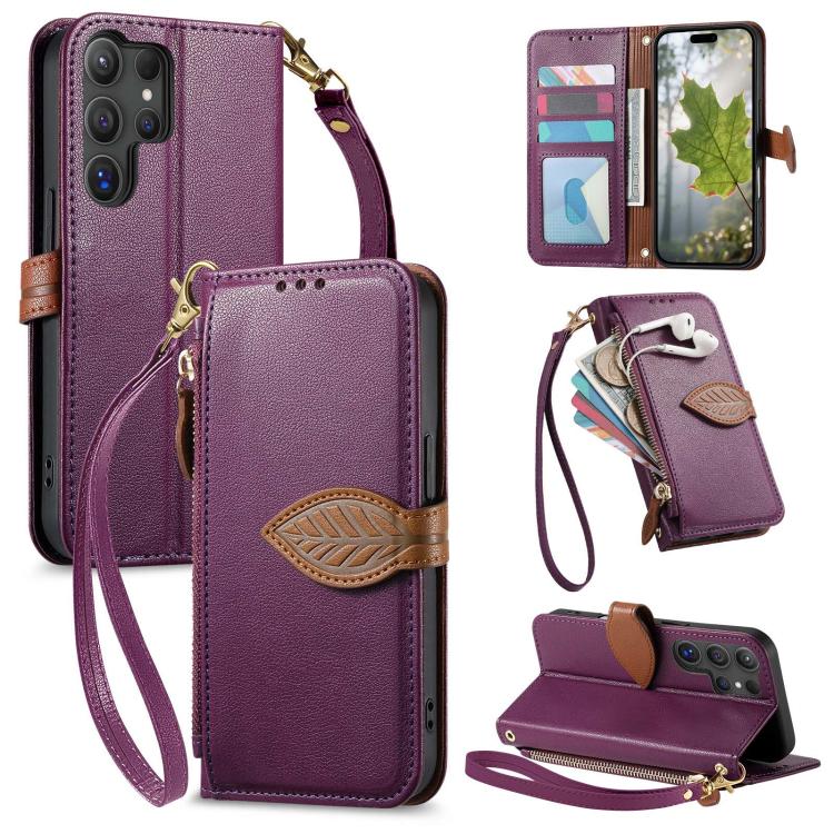 

For Samsung Galaxy S22 Ultra Leaf Buckle Zipper Wallet Leather Phone Case with Strap(Purple)