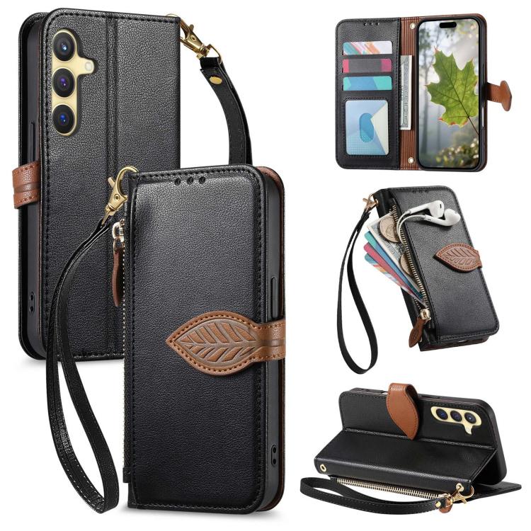 

For Samsung Galaxy S23+ 5G Leaf Buckle Zipper Wallet Leather Phone Case with Strap(Black)