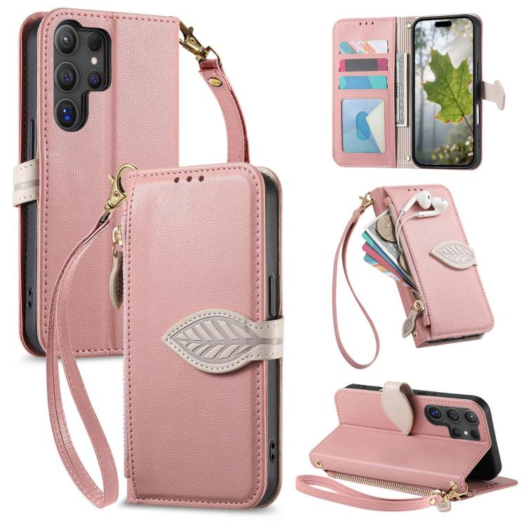 

For Samsung Galaxy S23 Ultra 5G Leaf Buckle Zipper Wallet Leather Phone Case with Strap(Pink)