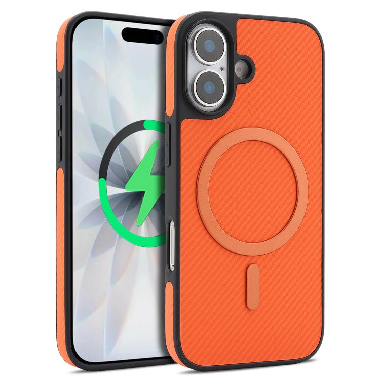 For iPhone 16 Plus Carbon Fiber MagSafe Faux Leather Phone Case(Orange)