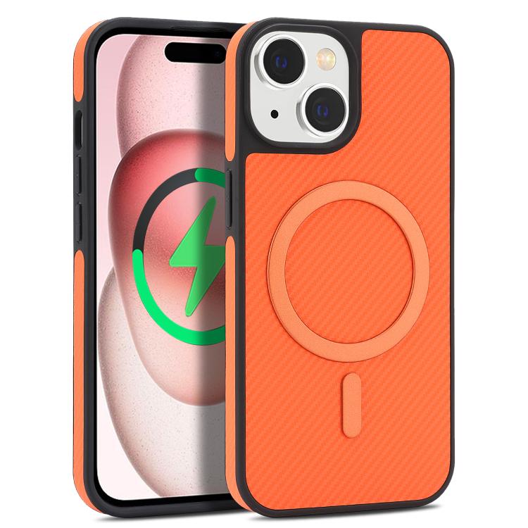 For iPhone 15 Plus Kalebol Carbon Fiber MagSafe Phone Case(Orange)