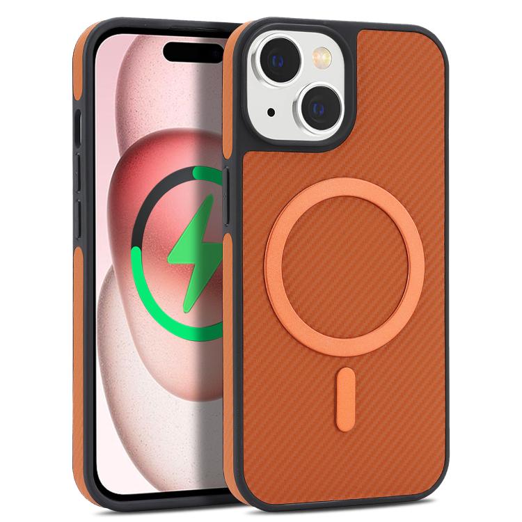 For iPhone 14 Plus Kalebol Carbon Fiber MagSafe Phone Case(Brown)