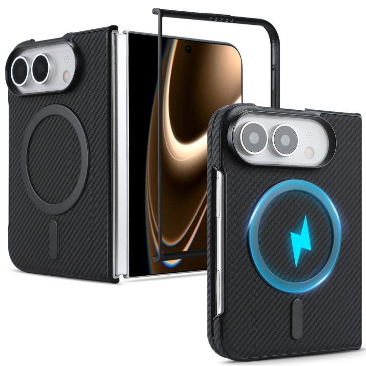 For iPhone Duo Carbon Fiber MagSafe Faux Leather Phone Case(Black)