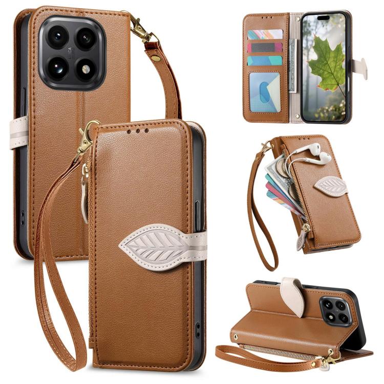 

For Xiaomi 15T Leaf Buckle Zipper Wallet Leather Phone Case with Strap(Brown)