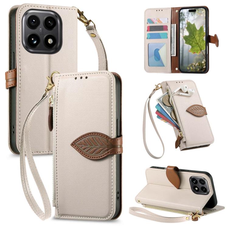 

For Xiaomi 15T Leaf Buckle Zipper Wallet Leather Phone Case with Strap(Beige)