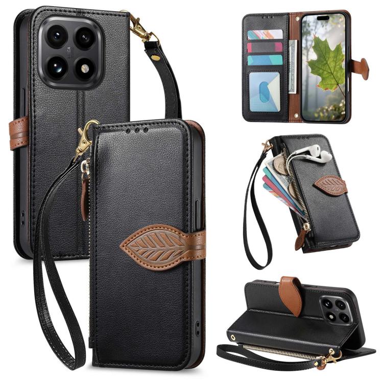 

For Xiaomi 15T Leaf Buckle Zipper Wallet Leather Phone Case with Strap(Black)