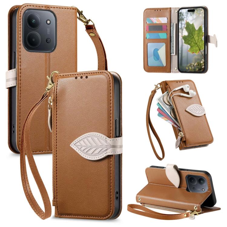 

For Redmi 15C 5G / 4G EU 173mm Leaf Buckle Zipper Wallet Leather Phone Case with Strap(Brown)