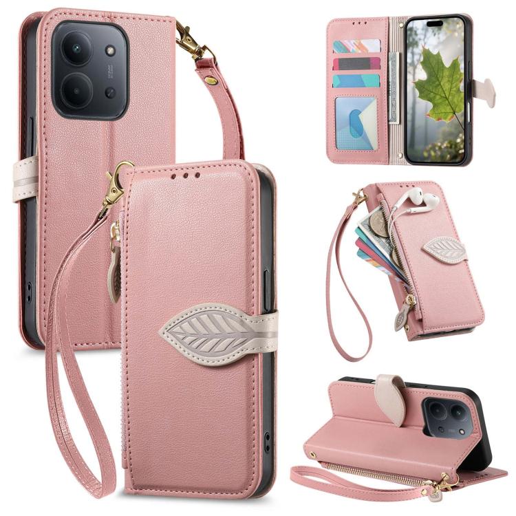 

For Redmi 15C 5G / 4G EU 173mm Leaf Buckle Zipper Wallet Leather Phone Case with Strap(Pink)