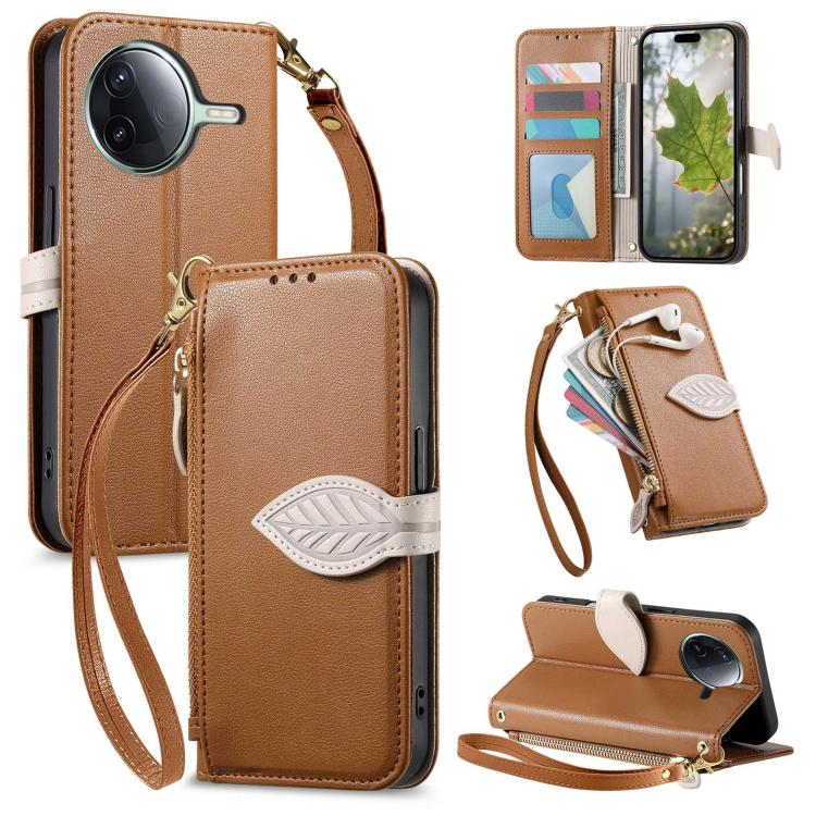 

For Redmi K80 / Poco F7 Pro Leaf Buckle Zipper Wallet Leather Phone Case with Strap(Brown)
