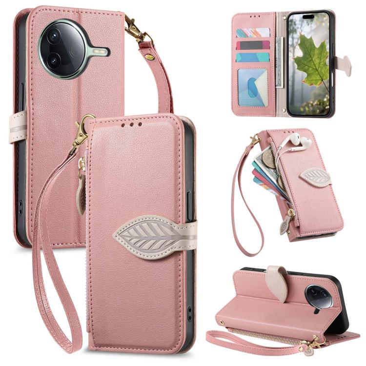 

For Redmi K80 Pro / Poco F7 Ultra Leaf Buckle Zipper Wallet Leather Phone Case with Strap(Pink)