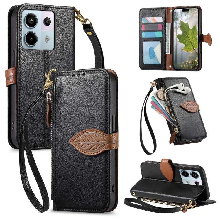 

For Redmi Note 13 Pro 5G Leaf Buckle Zipper Wallet Leather Phone Case with Strap(Black)