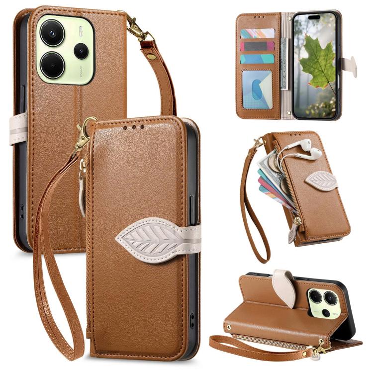 

For Redmi Note 14 4G 163.25mm Leaf Buckle Zipper Wallet Leather Phone Case with Strap(Brown)