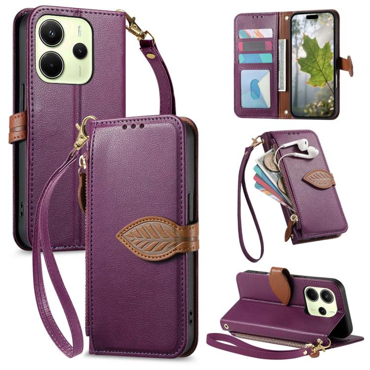 

For Redmi Note 14 4G 163.25mm Leaf Buckle Zipper Wallet Leather Phone Case with Strap(Purple)