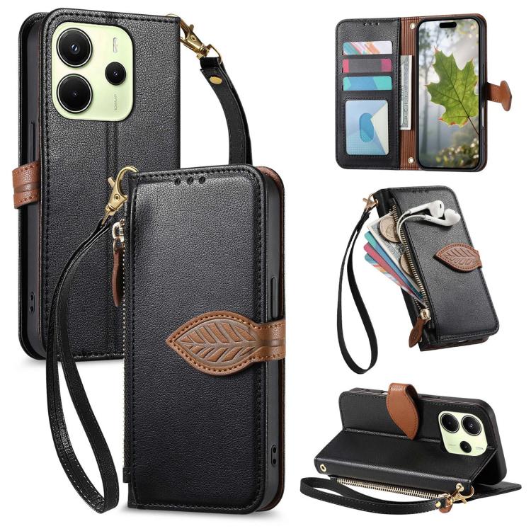 

For Redmi Note 14 4G 163.25mm Leaf Buckle Zipper Wallet Leather Phone Case with Strap(Black)