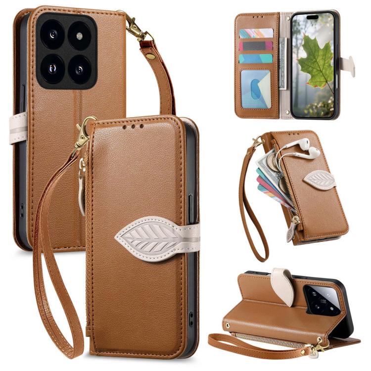 

For Xiaomi 14T Leaf Buckle Zipper Wallet Leather Phone Case with Strap(Brown)