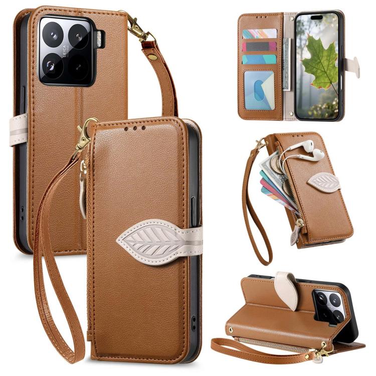 

For Xiaomi 15 Leaf Buckle Zipper Wallet Leather Phone Case with Strap(Brown)