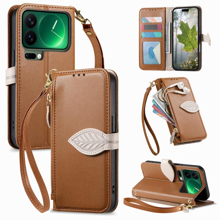 

For Xiaomi 17 Pro Leaf Buckle Zipper Wallet Leather Phone Case with Strap(Brown)