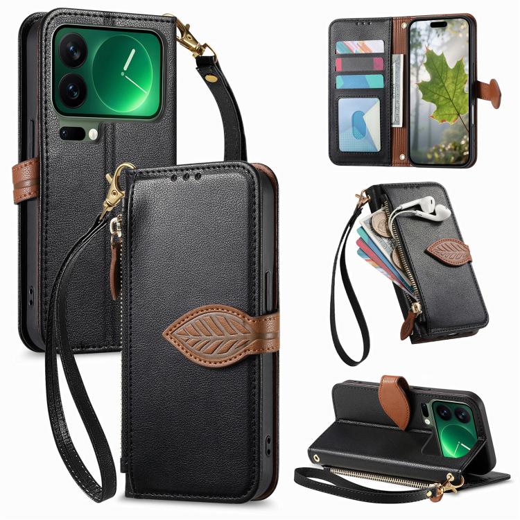 

For Xiaomi 17 Pro Leaf Buckle Zipper Wallet Leather Phone Case with Strap(Black)