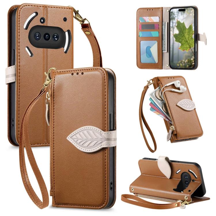 

For Nothing Phone 3a Leaf Buckle Zipper Wallet Leather Phone Case with Strap(Brown)