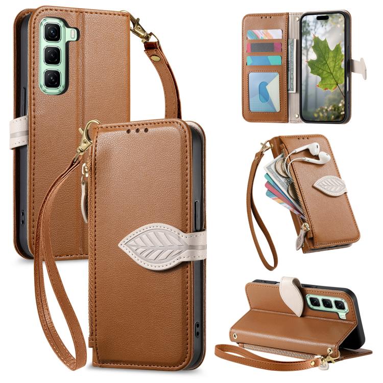 

For Infinix Hot 50 Pro 4G Leaf Buckle Zipper Wallet Leather Phone Case with Strap(Brown)