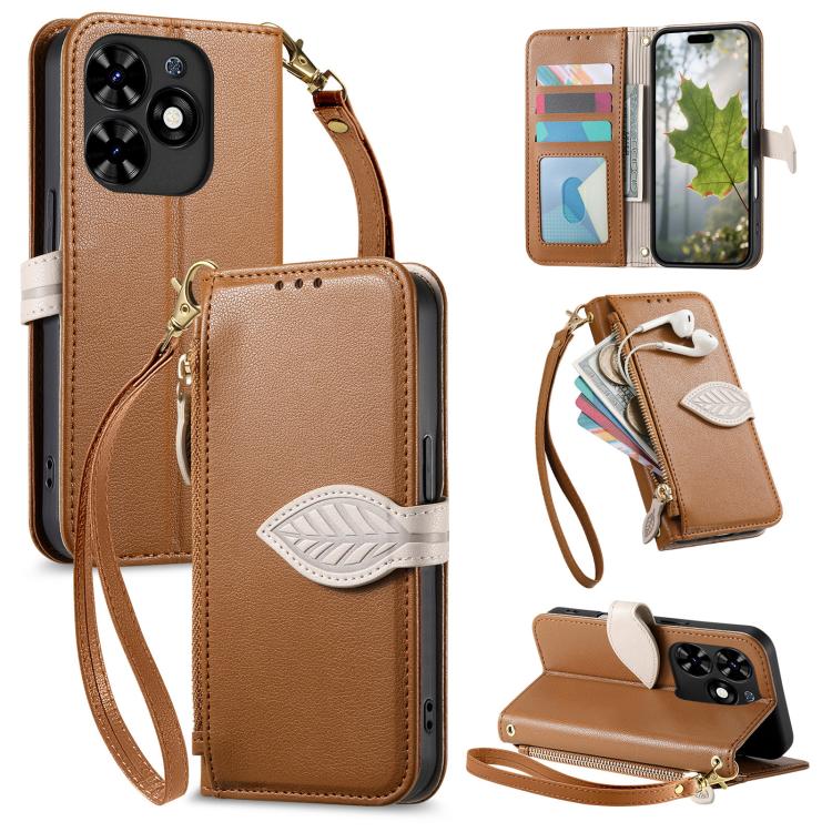 

For Tecno Spark 20C Leaf Buckle Zipper Wallet Leather Phone Case with Strap(Brown)