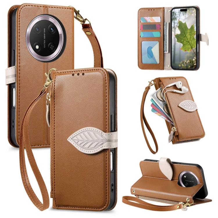 

For Honor 400 Smart Leaf Buckle Zipper Wallet Leather Phone Case with Strap(Brown)