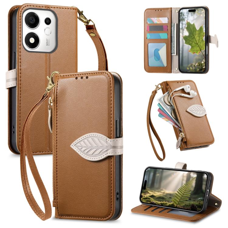 For Honor 600 Smart 5G Leaf Buckle Zipper Wallet Leather Phone Case with Strap(Brown)