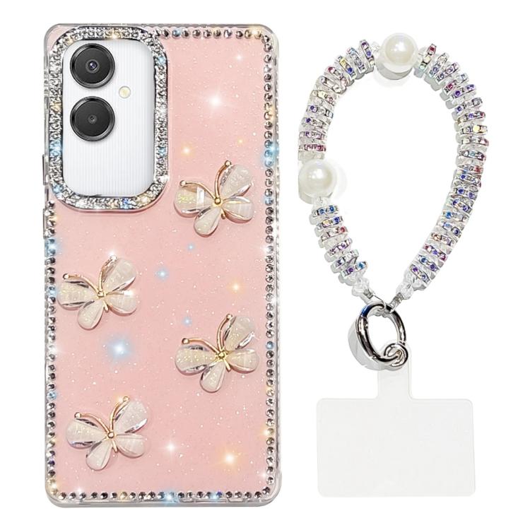 For Samsung Galaxy A07 5G Rhinestone Glitter 3D Butterfly Hand Chain Four-Corner Shockproof Phone Case(Light Pink)