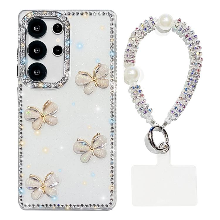 For Samsung Galaxy S24 Ultra 5G Rhinestone Glitter 3D Butterfly Hand Chain Four-Corner Shockproof Phone Case(White)
