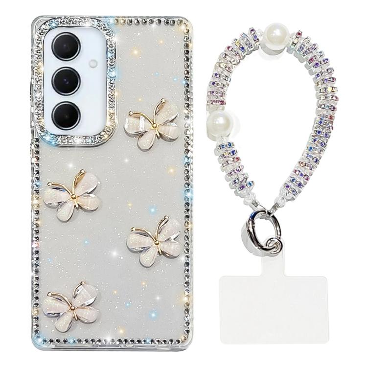 

For Samsung Galaxy S24+ 5G Rhinestone Glitter 3D Butterfly Hand Chain Four-Corner Shockproof Phone Case(Transparent)