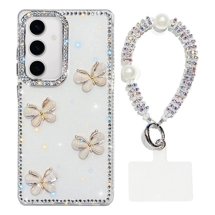 For Samsung Galaxy S24 5G Rhinestone Glitter 3D Butterfly Hand Chain Four-Corner Shockproof Phone Case(White)