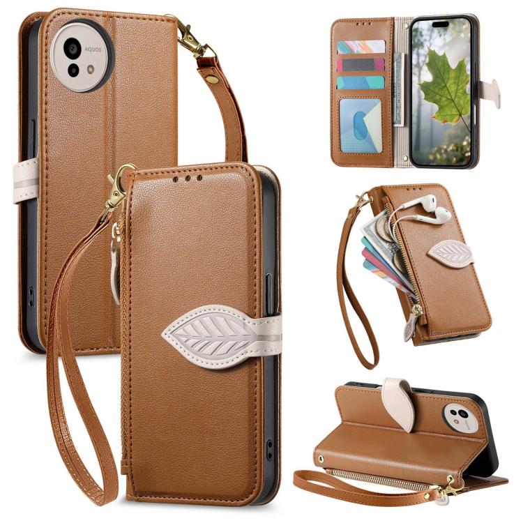 

For Sharp Aquos wish5 Leaf Buckle Zipper Wallet Leather Phone Case with Strap(Brown)