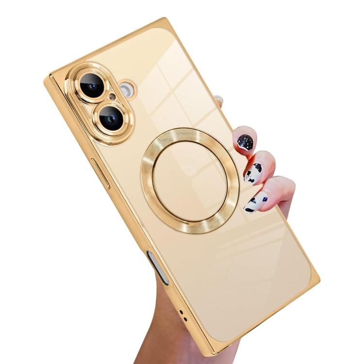 

For iPhone 16 Plus Right Angle Square Electroplated CD Pattern TPU MagSafe Phone Case(Gold)